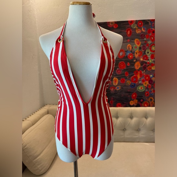 Milly Cabana red & white stripped deep V neck one piece swimsuit size 0P - Picture 2 of 7